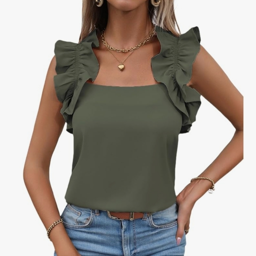 Sleeveless Square Neck Solid Ruffle Trim Regular Fit Blouse Shirt Top Army Gree
